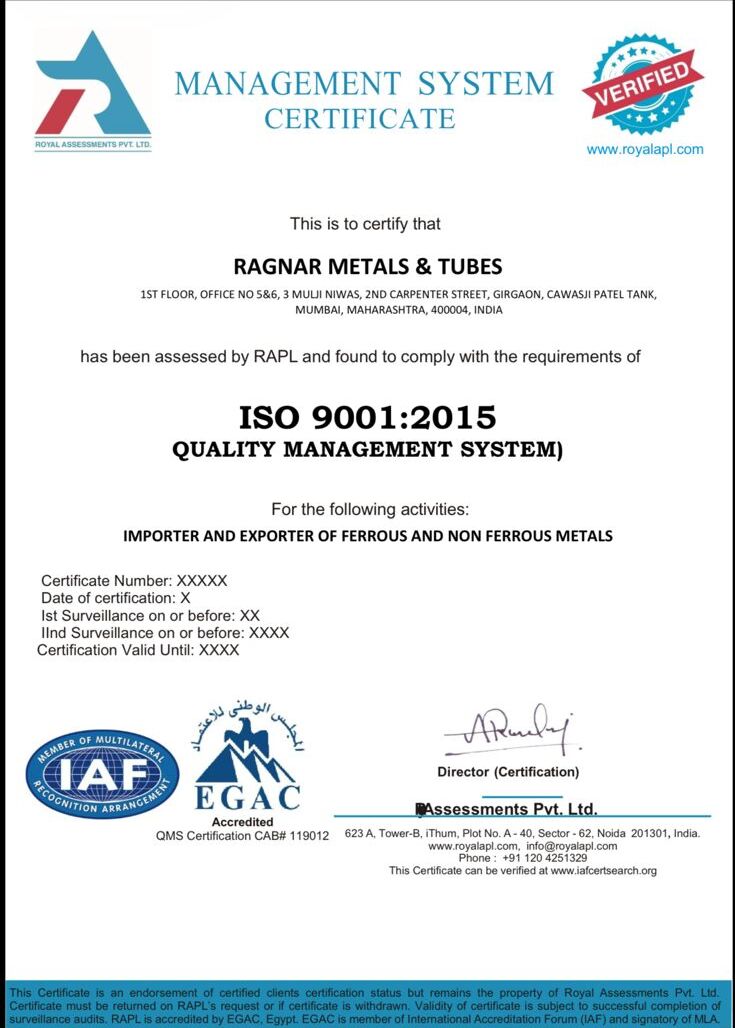 ISO 9001:2015 Certification - Ragnar Metals & Tubes

