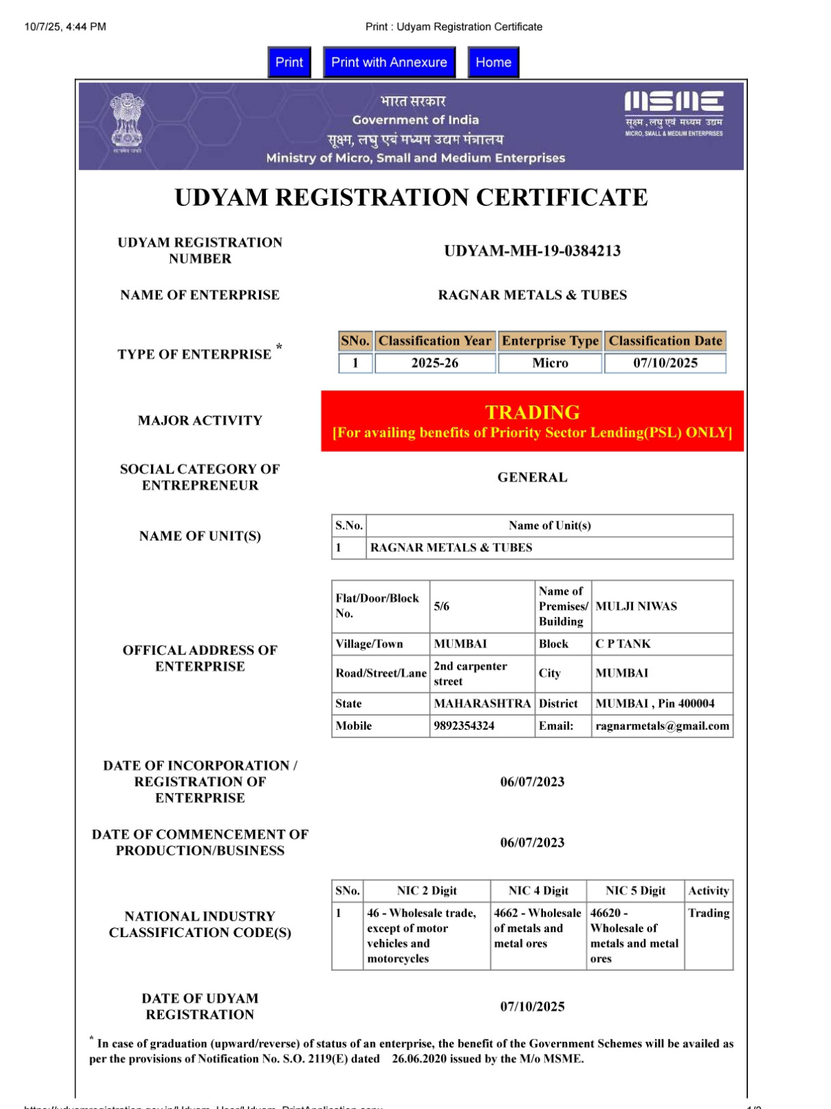 MSME Udyam Registration Certificate - Ragnar Metals & Tubes
